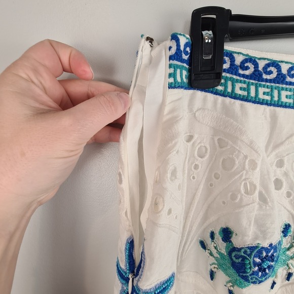 Maeve Anthropologie White Skirt 8 Ocean Animal Nautical Embroidered Bead Eyelet - Picture 8 of 11